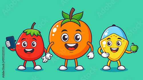 Cute Orange and Pear Fruit Mascot Characters Holding Hands Vector