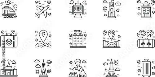 Travel and Tourism Icon Set Featuring Trains, Airplanes, Hotels, Landmarks, and Luggage for Vacation and Exploration Designs