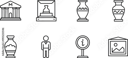 Museum Artifact and Exhibit Icon Set Featuring Buildings, Pottery, Information Signs, and Displays for Cultural Heritage and Museum Designs