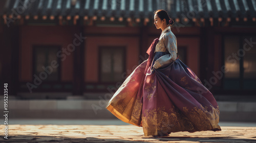 woman wearing elegant traditional korean hanbok walking through palace, graceful asian woman in hanbok at historical temple, beautiful korean woman in traditional dress with golden hour sunlight