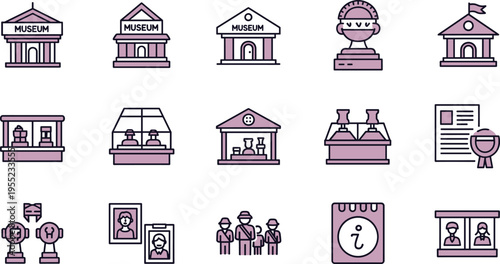Museum Icon Set Featuring Buildings, Artifacts, Exhibits, and Information Displays for Cultural Heritage and Tourism Designs