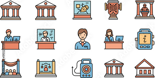 Museum Service and Exhibit Icon Set Featuring Displays, Museum Counters, Information Kiosks, and Visitor Interaction for Tourism and Education Designs