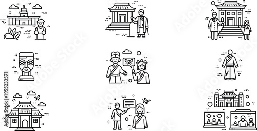 Cultural and Museum Tour Icon Set Featuring Monuments, Guides, Historical Figures, and Visitor Interactions for Education and Travel Designs