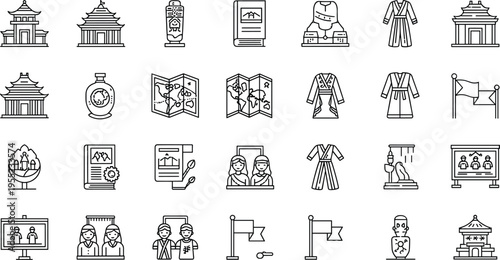 Museum and Cultural Heritage Icon Set Featuring Monuments, Exhibits, Historical Artifacts, Attire, and Visitor Interactions for Education and Tourism Designs