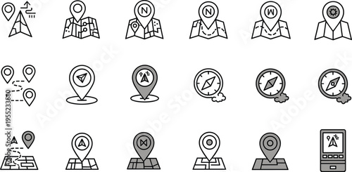 Navigation and Mapping Icon Set Featuring Location Pins, Compasses, Maps, and Route Planning for Travel and Geolocation Designs