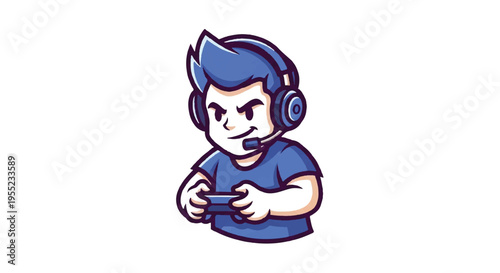 Cartoon gamer illustration playing video games isolated on white
