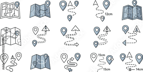 Map and Navigation Icon Set Featuring Location Pins, Routes, Directional Arrows, and Maps for Travel and Geolocation Designs