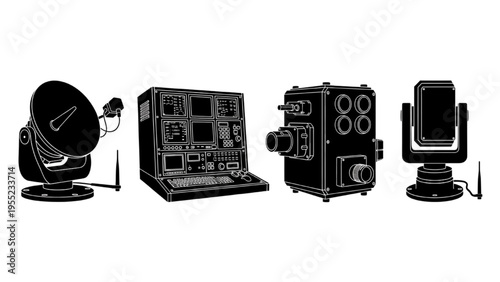 Digital collection of specialized electronic hardware silhouettes for technology and engineering designs