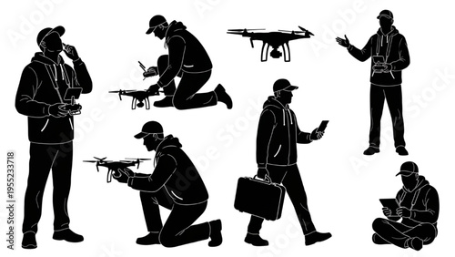 Collection of drone pilot silhouettes showcasing various actions, from flight operation to preparation and transport of UAVs
