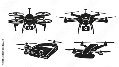 Collection of Modern Drone Quadcopter Technology Silhouettes for Aerial Photography and Delivery Services