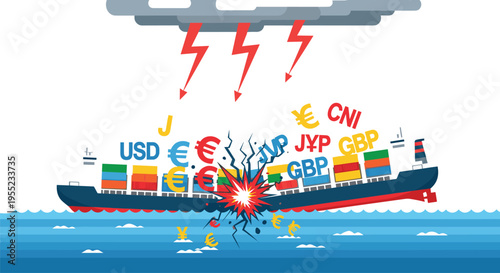Currency Crisis and Shipping Disruption Icon Set Featuring Explosions, Global Trade, and Financial Impact for Business and Economic Designs