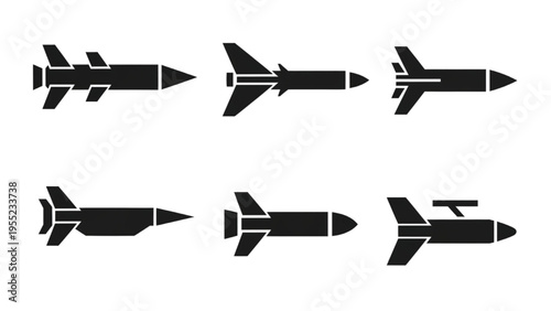 Diverse collection of rocket and missile icons representing various projectile types for defense and aerospace technology