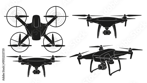 Collection of modern unmanned aerial vehicle illustrations in various perspectives, showcasing drone technology