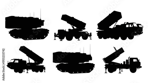 Collection of Modern Military Missile Launchers and Defense Systems Silhouettes Vector Set