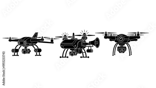 Collection of advanced drone illustrations showcasing diverse aerial vehicles with integrated camera systems for monitoring and capture