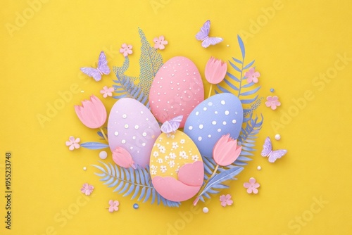Easter Eggs with Polka Dots Surrounded by Flowers and Leaves on Yellow Background