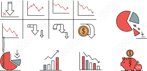 Financial Decline and Savings Icon Set Featuring Downward Graphs, Pie Charts, and Economic Loss for Financial and Business Designs
