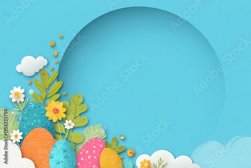 Easter Eggs with Flowers and Leaves on Blue Background