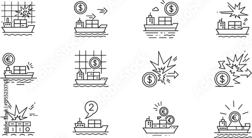 Shipping and Financial Disruption Icon Set Featuring Explosions, Currency, and Cargo Ships for Business and Trade Designs