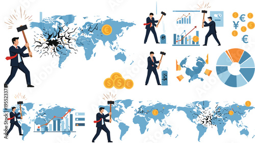 Global Economic Disruption Icon Set Featuring Data Analysis, Financial Decline, and Economic Impact for Business and Financial Designs