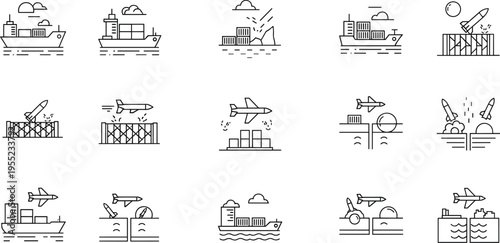 Cargo and Shipping Icon Set Featuring Ships, Planes, Missiles, and Port Operations for Maritime and Logistics Designs
