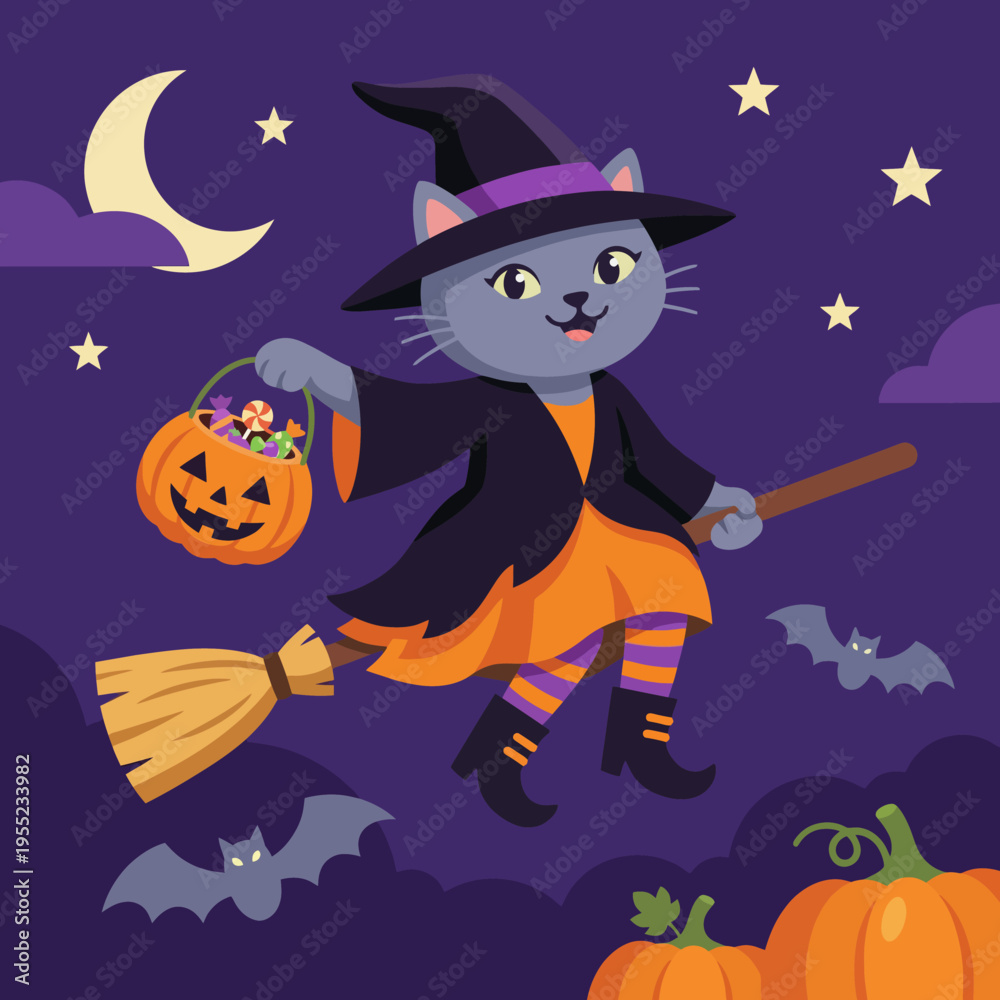 Fototapeta premium This playful image features a cute cat dressed as a witch, flying on a broomstick with a pumpkin basket, capturing the magical and whimsical spirit of Halloween festivities.