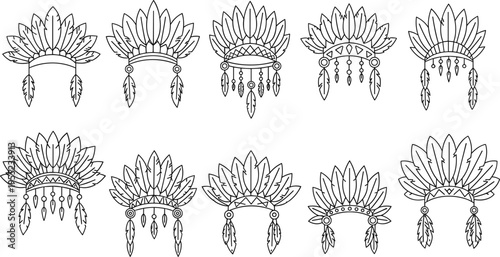 Indigenous Feather Headdress Icon Set Featuring Tribal Designs, Feathers, and Ornamental Decorations for Cultural and Fashion Illustrations