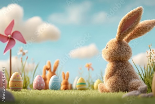 Brown Bunny Sitting on Grass with Easter Eggs and Small Bunnies