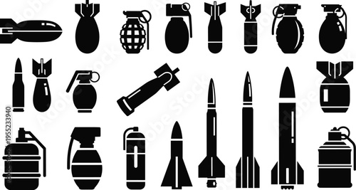 Explosives and Bomb Icon Set Featuring Grenades, Missiles, Rockets, and Ammunition for Military and Defense Designs