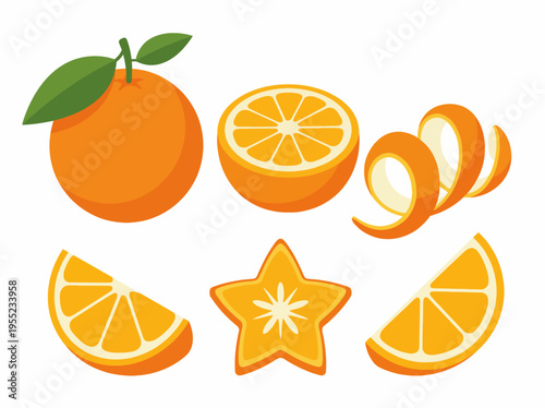 An artistic display of orange fruit showcasing whole, sliced, and peeled segments, emphasizing vibrant colors and highlighting the beauty of this juicy citrus fruit.