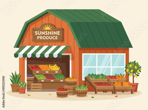 A quaint produce store with a wooden structure and an inviting entrance filled with an array of colorful fruits and vegetables, promoting local and healthy eating options.