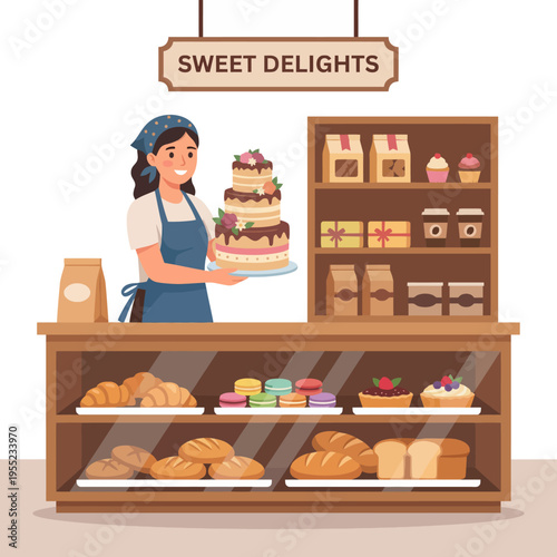 An inviting bakery showcasing an array of delectable baked goods including cakes, pastries, and bread, prompting a sense of warmth and mouthwatering temptation for all visitors.