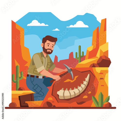 This captivating image depicts a paleontologist studying and excavating dinosaur fossils in a desert landscape, highlighting the scientific quest for understanding prehistoric life.