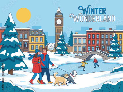 This picturesque winter scene captures a lively atmosphere where people walk with dogs, skate on ice, and enjoy a sunny day, showcasing the joy of winter festivities.