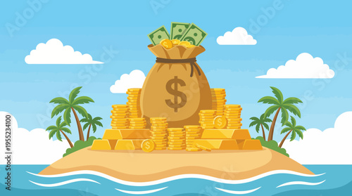 This vibrant illustration features a money bag overflowing with cash on an island surrounded by golden coins, symbolizing wealth, abundance, and financial freedom.