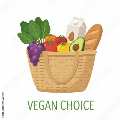 This appealing illustration features a grocery basket filled with fresh vegan produce, representing healthy eating choices and the increasing popularity of plant-based diets.