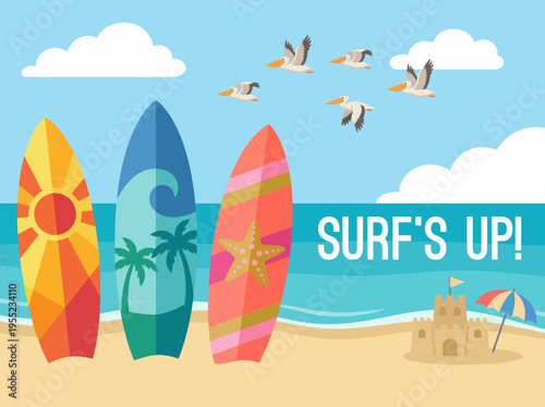 The lively scene features colorful surfboards lined up on a sandy beach, inviting all to enjoy a perfect day of surfing, sandcastles, and a serene ocean environment.