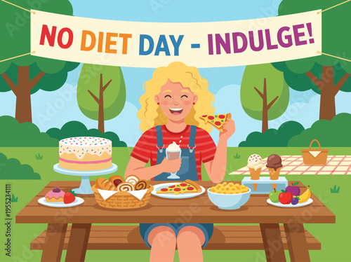 This festive picnic scene showcases a variety of mouthwatering foods, celebrating indulgence on 'No Diet Day', highlighting joy, togetherness, and splendid culinary moments.