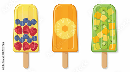 A delightful assortment of fruit-flavored popsicles, showcasing colorful layers with fresh berries and tropical fruits, perfect for cool summer treats and a fruity sensation.