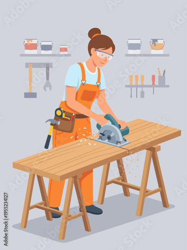 An image of a woman carpenter skillfully using a power saw on a wooden plank, showcasing craftsmanship, determination, and the art of woodworking in a workshop setting.
