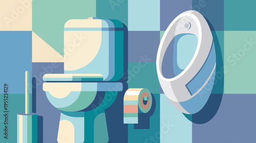 An artistic representation of a modern bathroom featuring a toilet and urinal against a backdrop of colorful tiles, creating a unique and playful approach to interior design.