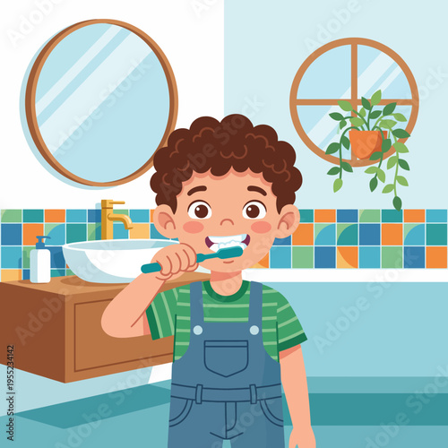 This lively bathroom scene features a young boy cheerfully brushing his teeth, promoting good hygiene habits in a vibrant and inviting environment for children.