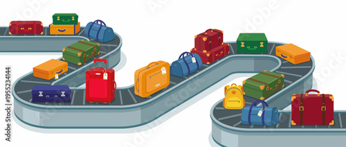 This vibrant image showcases an assortment of colorful bags and suitcases on a baggage carousel, symbolizing travel excitement and the joy of adventure.