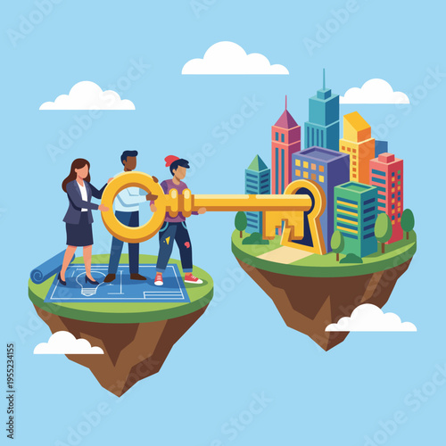This visually engaging illustration depicts a team working together to achieve success, symbolized by a giant key unlocking potential in a vibrant city landscape.