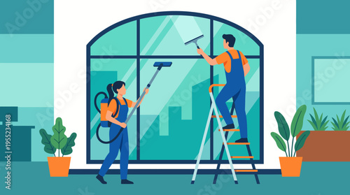 This professional image illustrates two cleaners efficiently washing windows in an office building, highlighting their teamwork and dedication to cleanliness in a corporate environment.
