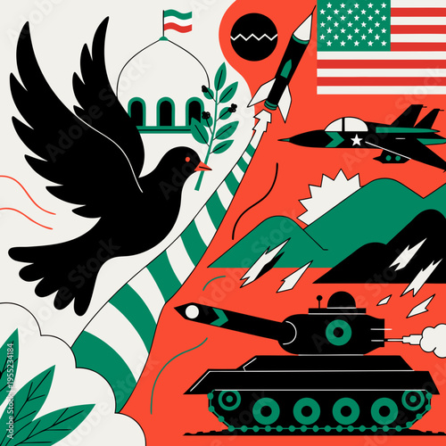 Creative vector illustration showing dove of peace versus missiles and weapons, split composition representing war and peace between Iran and USA, symbolic flat design