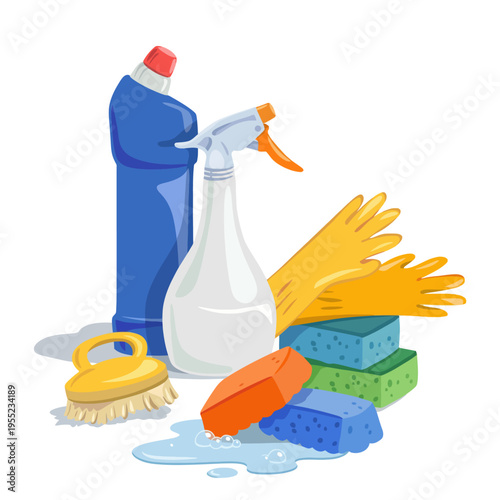 A collection of cleaning supplies including sprays, sponges, and gloves arranged neatly on a white background, representing organization and cleanliness in the home.