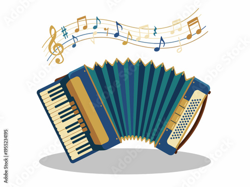 An accordion instrument isolated on a white background with musical notes floating around, representing music, rhythm, and the joy it brings to people.