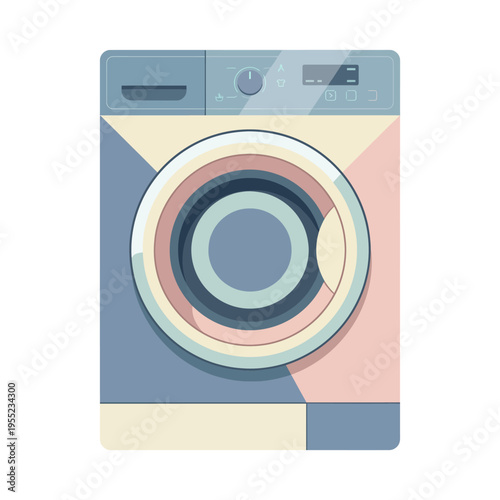 A stylish illustration of a modern washing machine featuring playful colors and shapes, combining functionality with artistic design, representing contemporary home appliances.