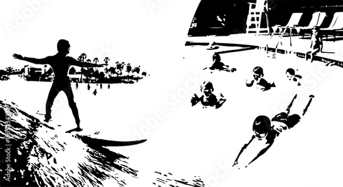 Black silhouette of surfer and people swimming in pool vector illustration